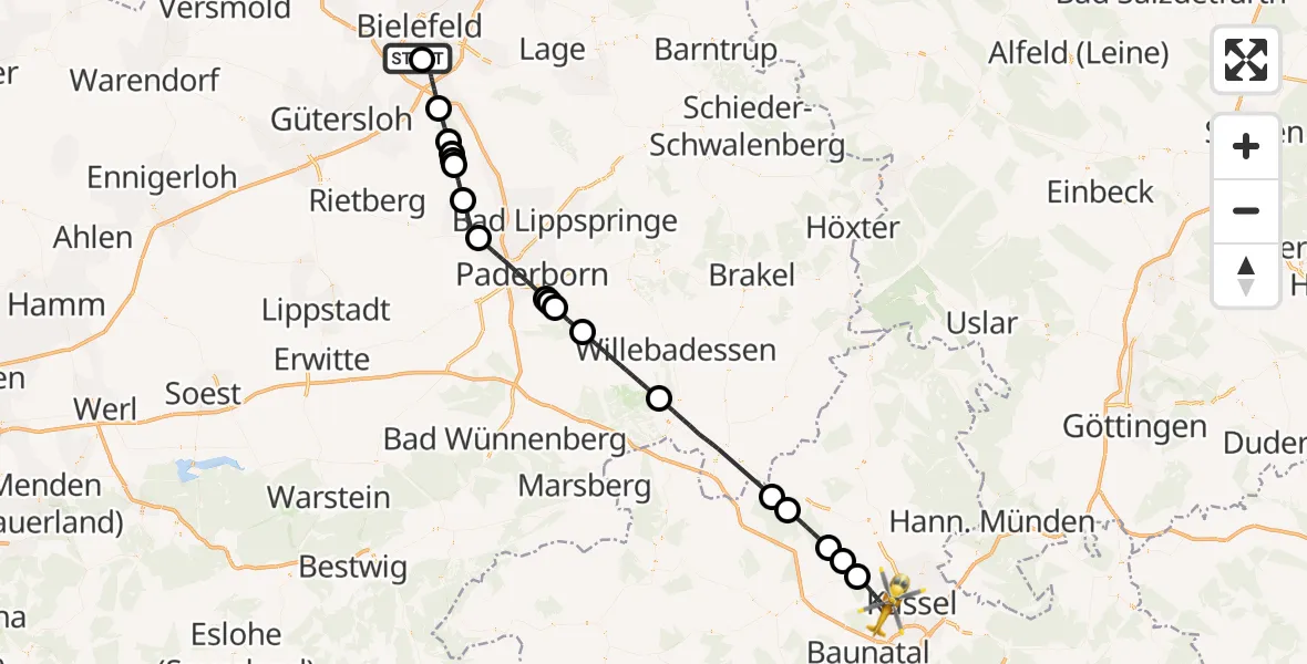 Flugroute Rettungshubschrauber Luftrettungszentrum Bielefeld - Kassel, 07 April 2026, 14:23
