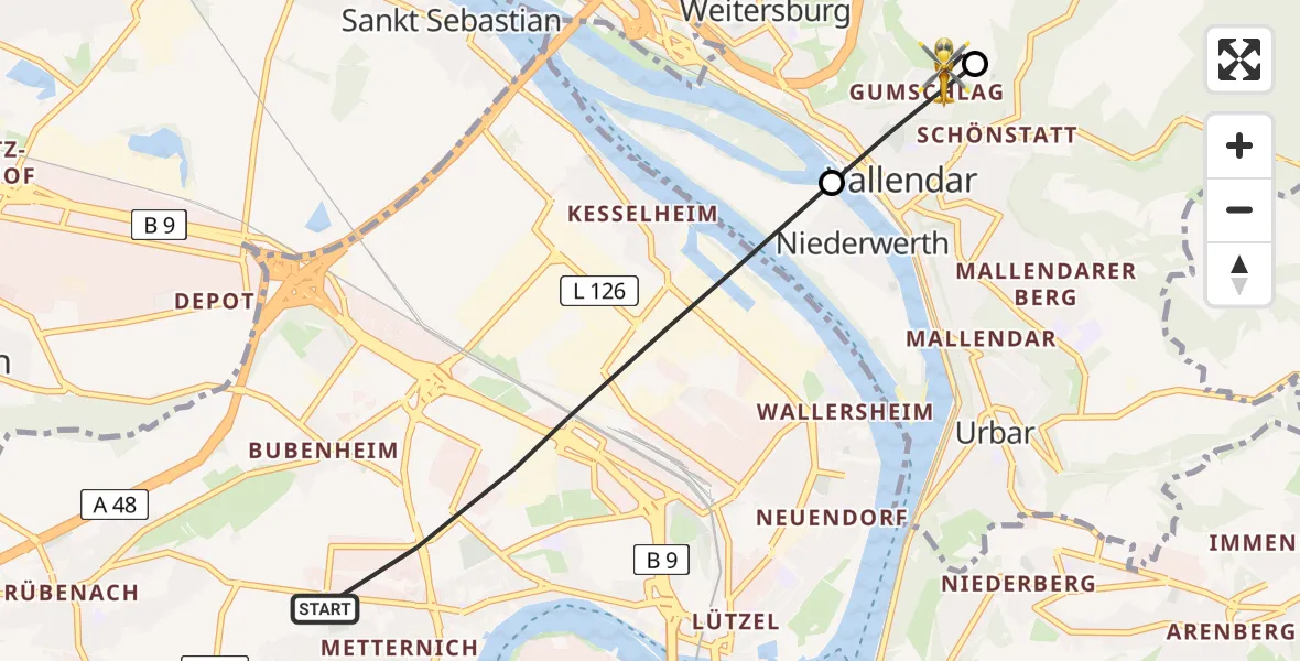 Flugroute Rettungshubschrauber Koblenz - Weitersburg, 07 April 2026, 14:26