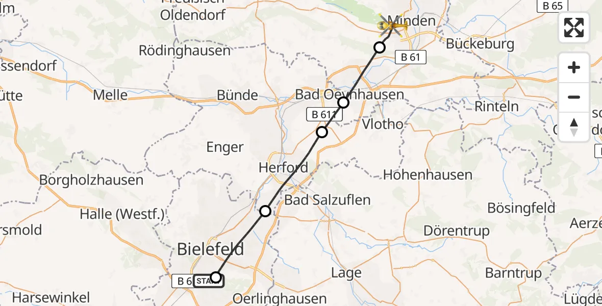 Flugroute Rettungshubschrauber Luftrettungszentrum Bielefeld - Minden, 07 April 2026, 14:29