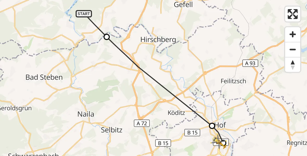 Flugroute Rettungshubschrauber Rosenthal am Rennsteig - Sana Clinic Hof Hubschrauberlandeplatz, 07 April 2026, 14:41