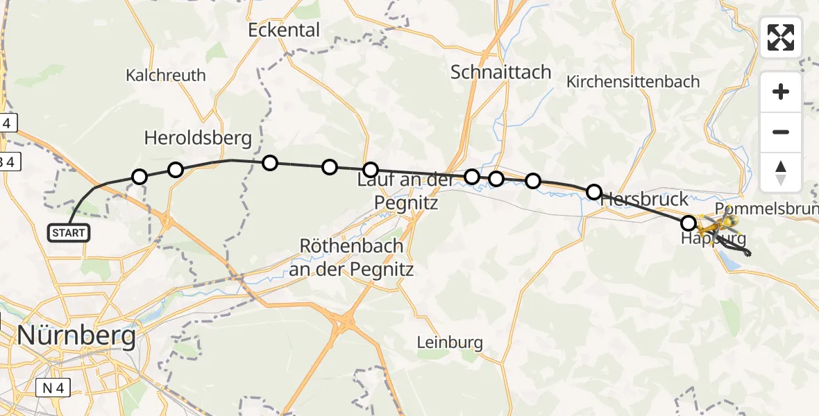 Flugroute Rettungshubschrauber Flughafen Nuremberg - Happurg, 07 April 2026, 14:57