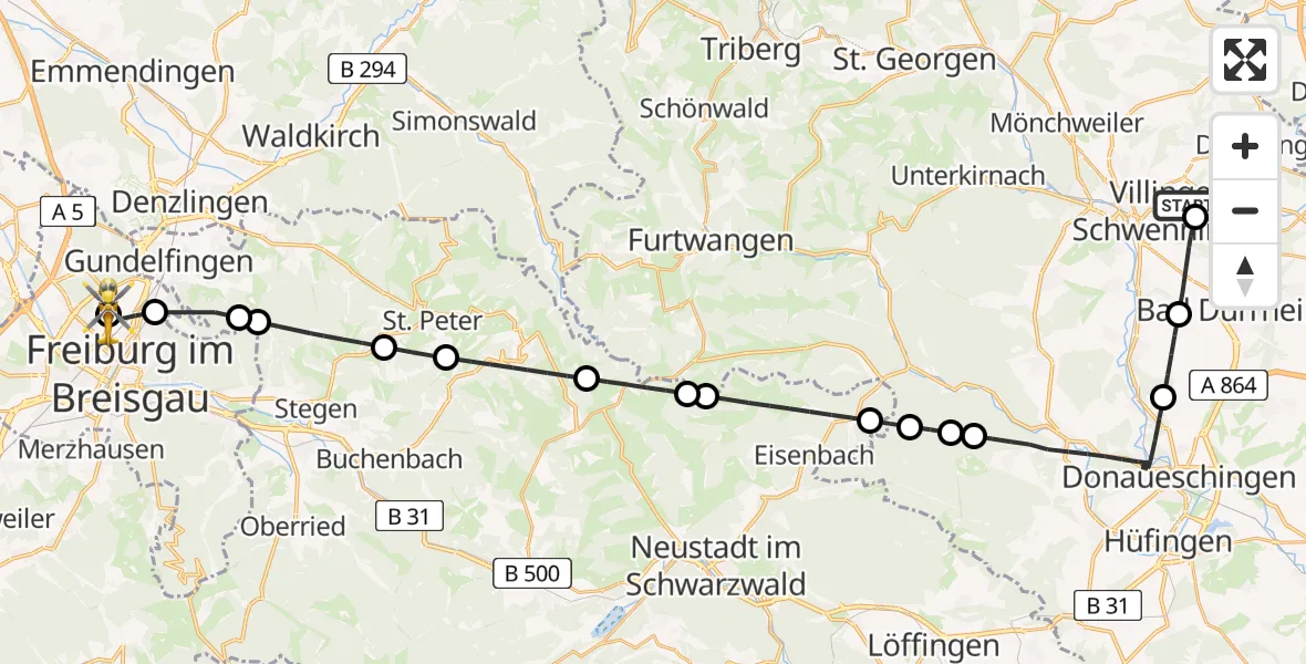 Flugroute Rettungshubschrauber DRF Air Rescue Station Villingen-Schwenningen Hubschrauberlandeplatz (Christoph 11) - Freiburg im Breisgau Flugplatz, 07 April 2026, 14:59