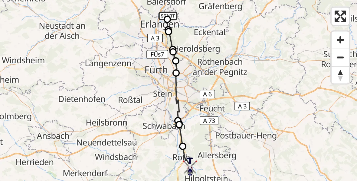 Flugroute Polizeihubschrauber Marloffstein - Roth, 07 April 2026, 15:00