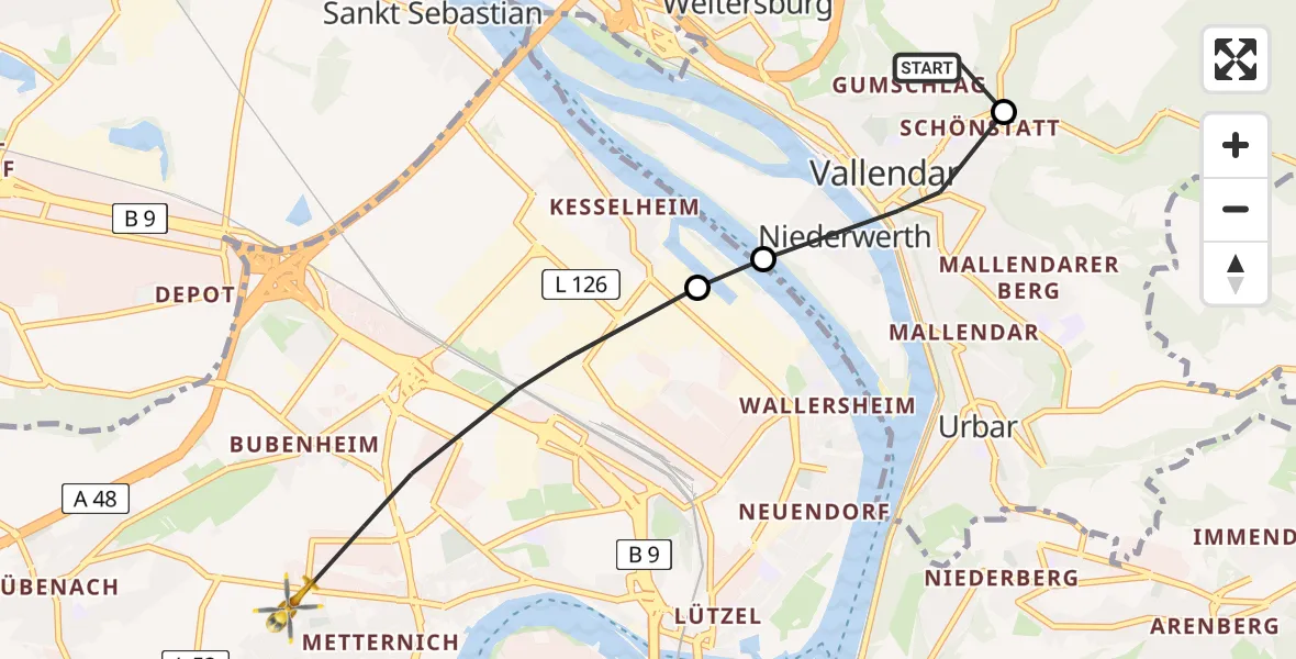 Flugroute Rettungshubschrauber Weitersburg - Koblenz, 07 April 2026, 15:01