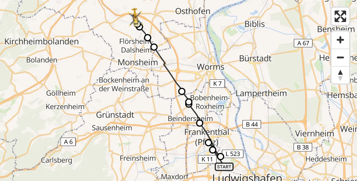 Flugroute Rettungshubschrauber Ludwigshafen am Rhein - Gundersheim, 07 April 2026, 15:04