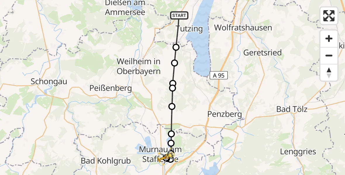 Flugroute Rettungshubschrauber Tutzing - Murnau Accident Hospital, 07 April 2026, 15:07