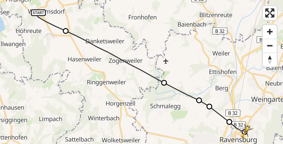 Flugroute Rettungshubschrauber Wilhelmsdorf - Sankt Elisabeth Hospital, 07 April 2026, 15:07