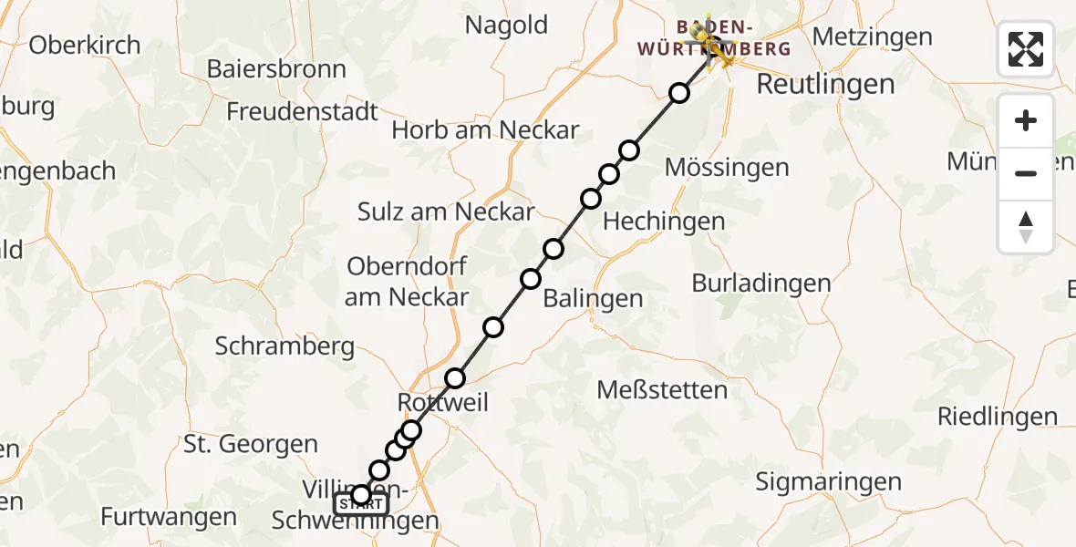 Flugroute Rettungshubschrauber DRF Air Rescue Station Villingen-Schwenningen Hubschrauberlandeplatz (Christoph 11) - Tübingen University Hospital, 07 April 2026, 15:15