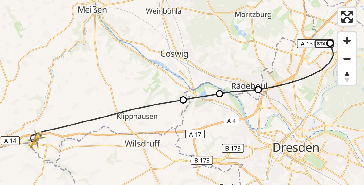 Flugroute Rettungshubschrauber Dresden Bundespolizei Hubschrauberlandeplatz - Klipphausen, 07 April 2026, 15:22