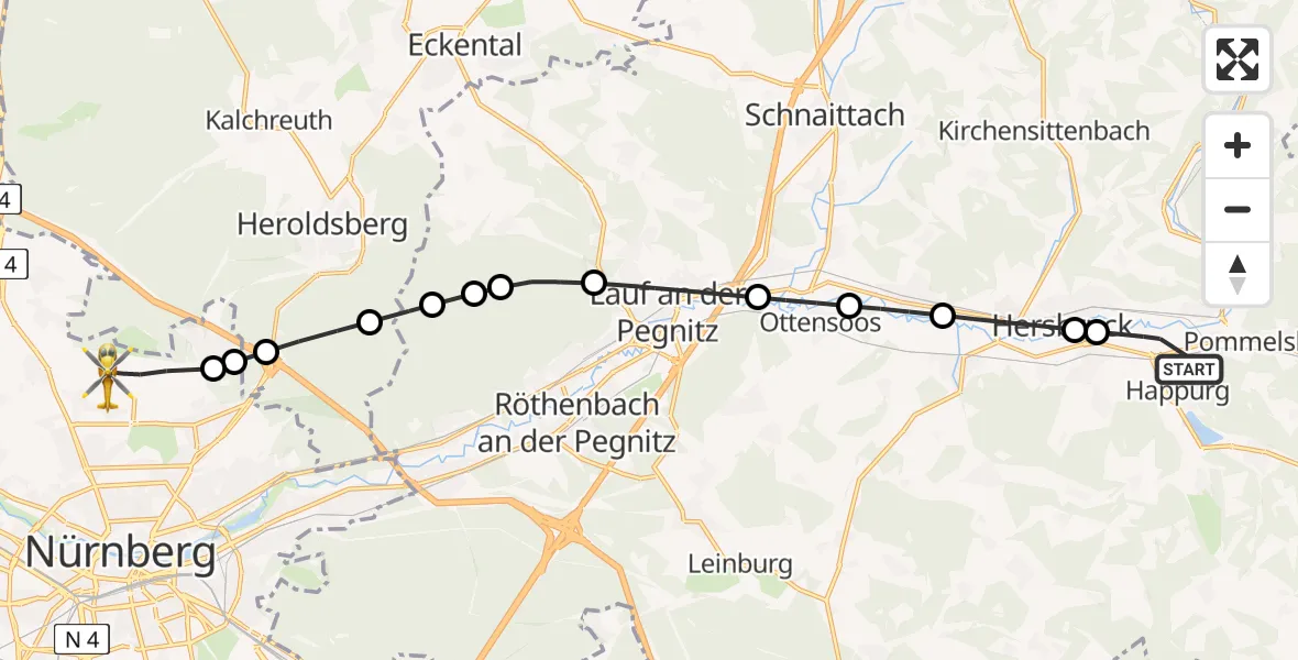 Flugroute Rettungshubschrauber Happurg - Flughafen Nuremberg, 07 April 2026, 15:27