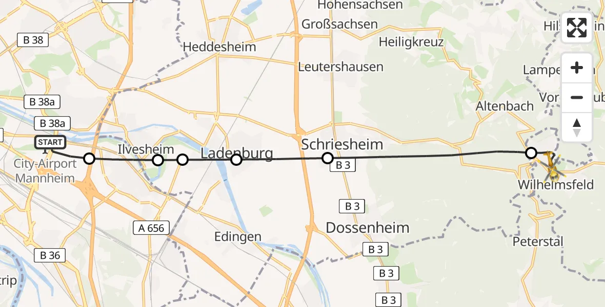 Flugroute Rettungshubschrauber Mannheim-City Flughafen - Wilhelmsfeld, 07 April 2026, 15:50