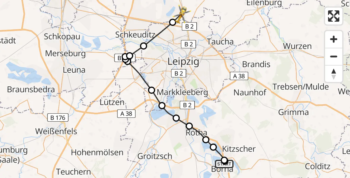 Flugroute Rettungshubschrauber Sana Hospital Borna - Rackwitz, 07 April 2026, 15:52