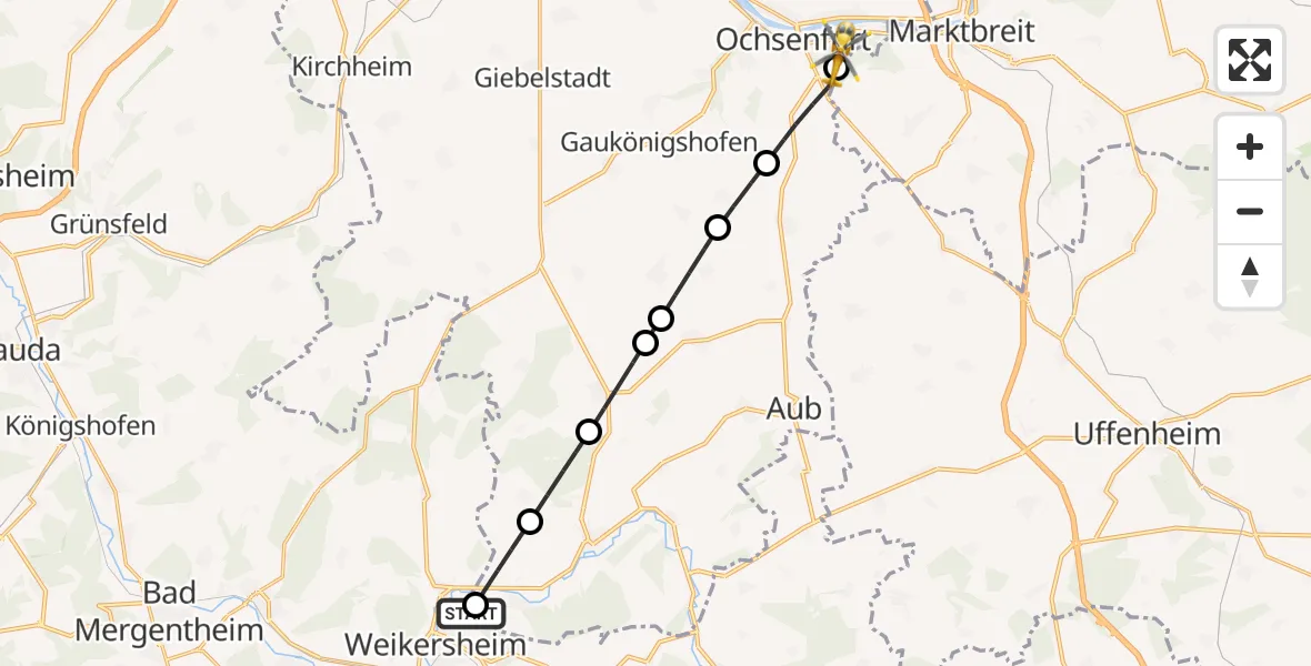 Flugroute Rettungshubschrauber Weikersheim - Ochsenfurt Hospital, 07 April 2026, 16:00