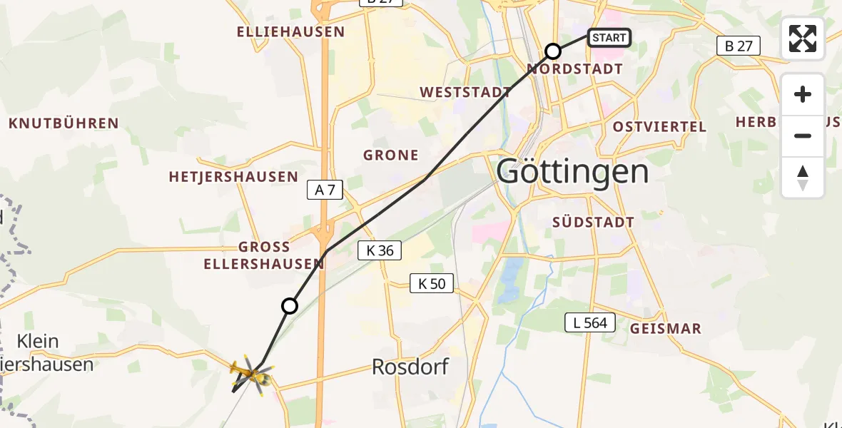 Flugroute Rettungshubschrauber Göttingen University Clinic Hubschrauberlandeplatz - Rosdorf, 07 April 2026, 16:03