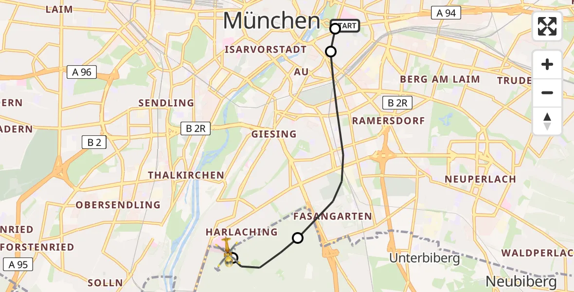Flugroute Rettungshubschrauber Rechts der Isar University Hospital - ADAC Air Rescue Center Hubschrauberlandeplatz (Christoph 1), 07 April 2026, 16:08
