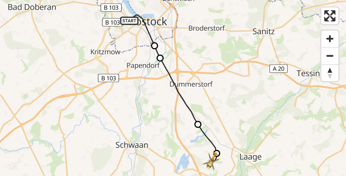 Flugroute Rettungshubschrauber Rostock - Flughafen Rostock-Laage, 07 April 2026, 16:20