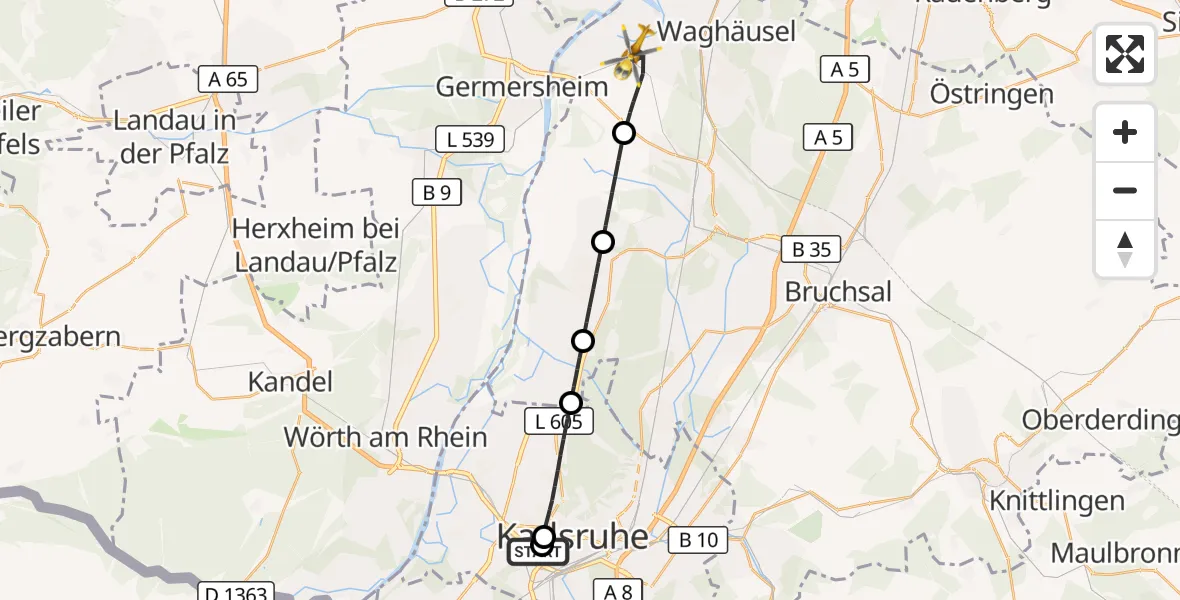 Flugroute Rettungshubschrauber Sankt Vincentius Hospital - Philippsburg, 07 April 2026, 16:27