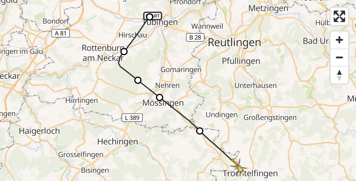 Flugroute Rettungshubschrauber Tübingen University Hospital - Trochtelfingen, 07 April 2026, 16:29