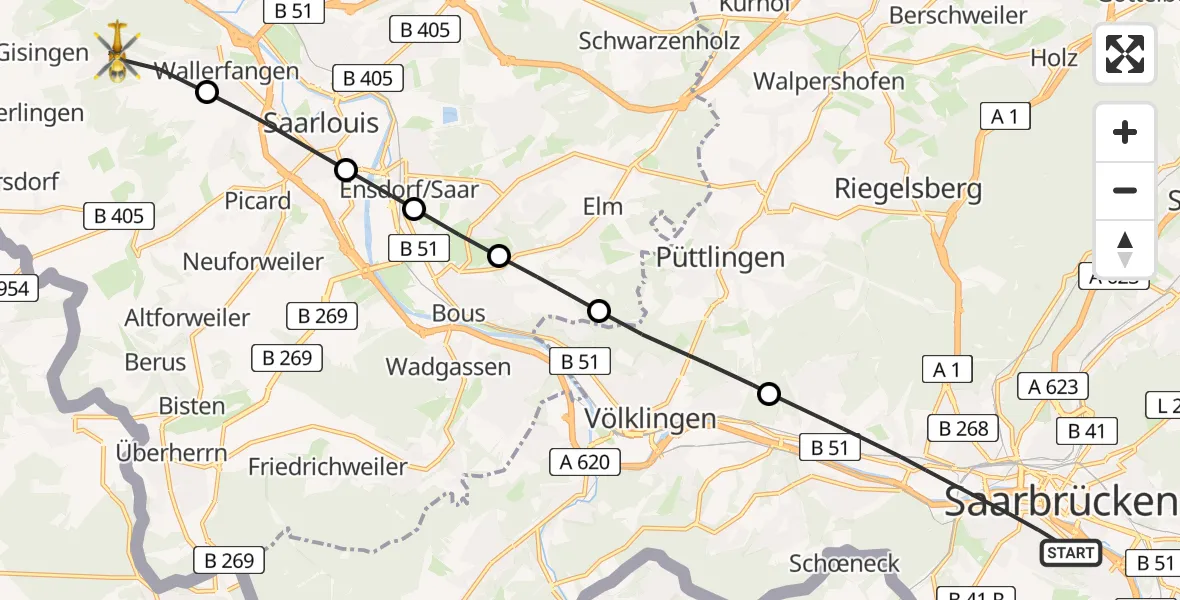 Flugroute Rettungshubschrauber Saarbrücken - Wallerfangen, 07 April 2026, 16:30