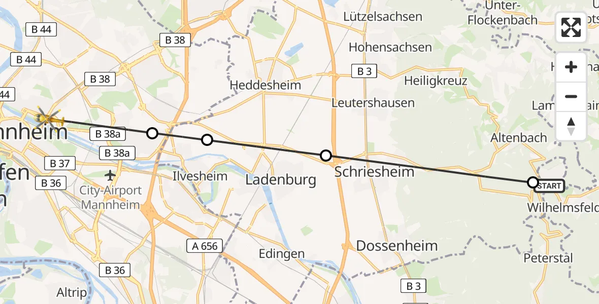 Flugroute Rettungshubschrauber Wilhelmsfeld - Mannheim, 07 April 2026, 16:39