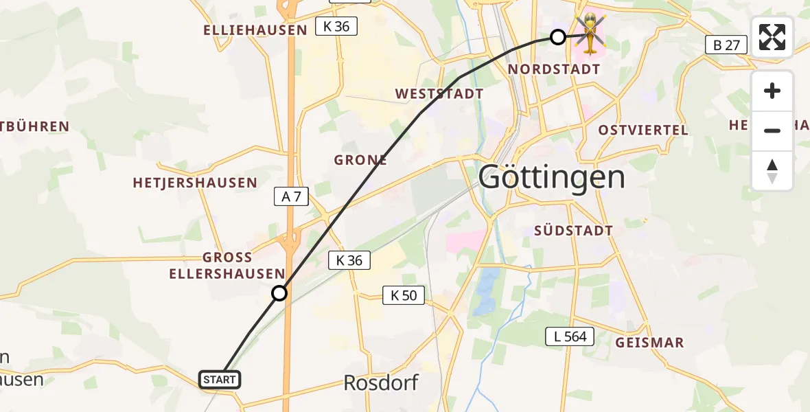 Flugroute Rettungshubschrauber Rosdorf - Göttingen University Clinic Hubschrauberlandeplatz, 07 April 2026, 16:43