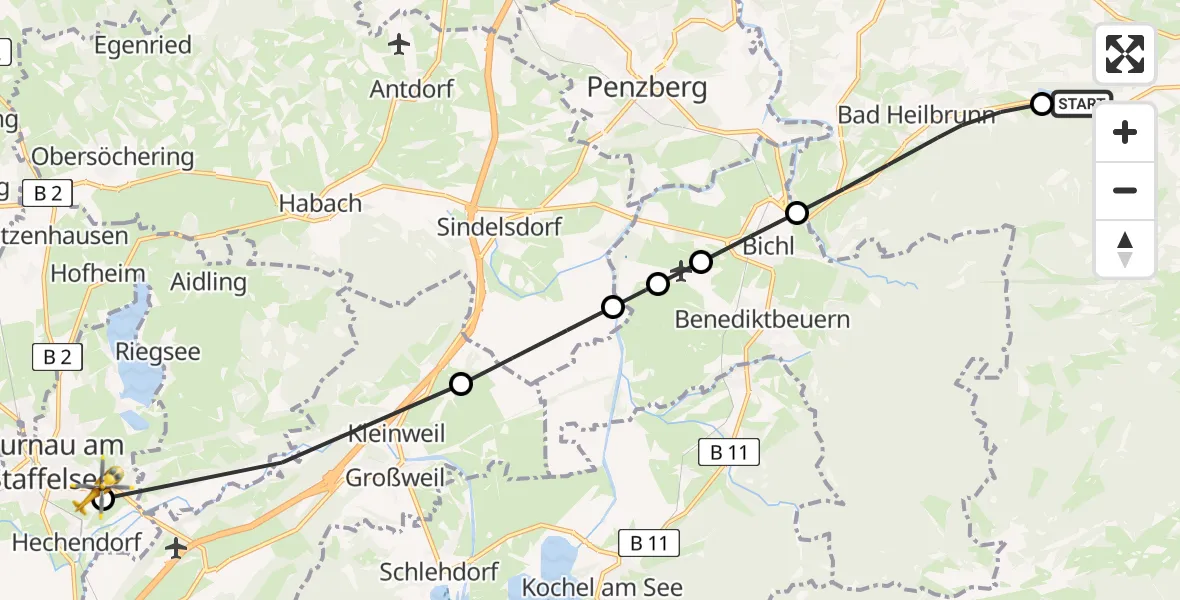 Flugroute Rettungshubschrauber Wackersberg - Murnau Accident Hospital, 07 April 2026, 16:47