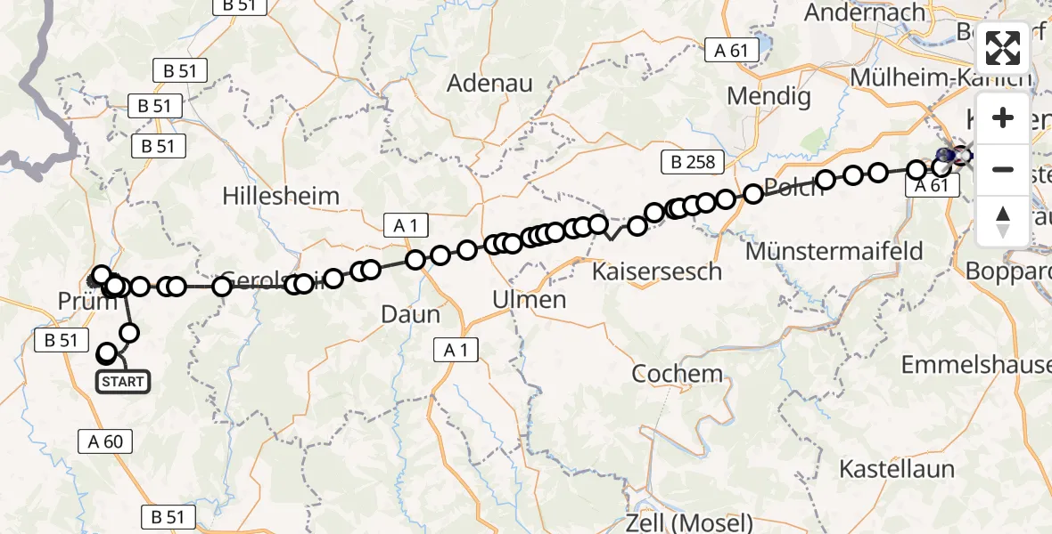 Routekaart van de vlucht: Polizeihubschrauber nach Koblenz-Winningen Flugplatz