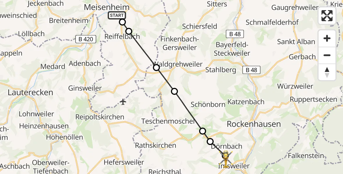 Flugroute Rettungshubschrauber Meisenheim - Imsweiler UL, 07 April 2026, 17:01
