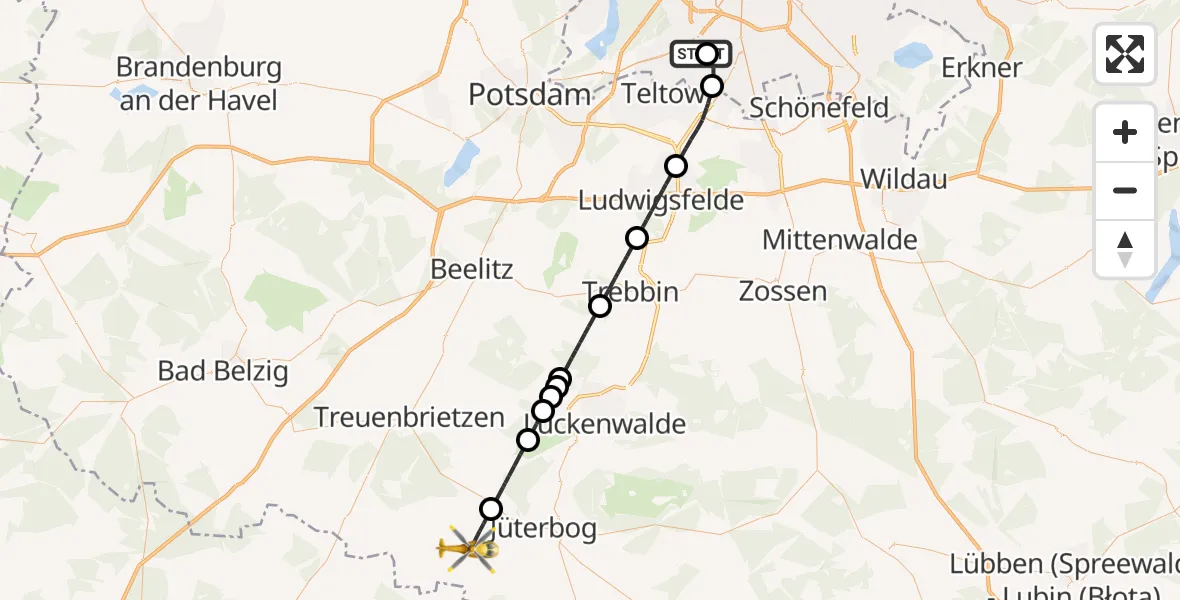 Flugroute Rettungshubschrauber Charité Clinic Benjamin Franklin Campus - Niedergörsdorf, 07 April 2026, 17:01