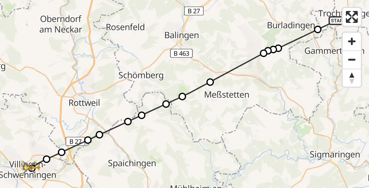 Flugroute Rettungshubschrauber Trochtelfingen - DRF Air Rescue Station Villingen-Schwenningen Hubschrauberlandeplatz (Christoph 11), 07 April 2026, 17:04