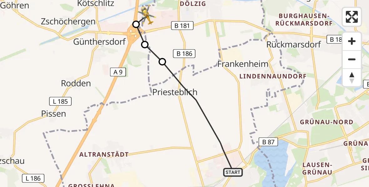 Flugroute Rettungshubschrauber Markranstädt - ADAC Air Rescue Station Leipzig/Schkeuditz-Dölzig Hubschrauberlandeplatz (Christoph 61), 07 April 2026, 17:19