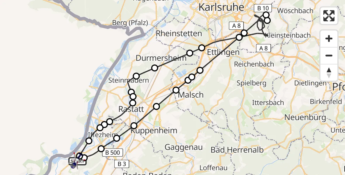 Flugroute Polizeihubschrauber Karlsruhe Baden-Baden Flughafen - Karlsruhe Baden-Baden Flughafen, 07 April 2026, 17:26