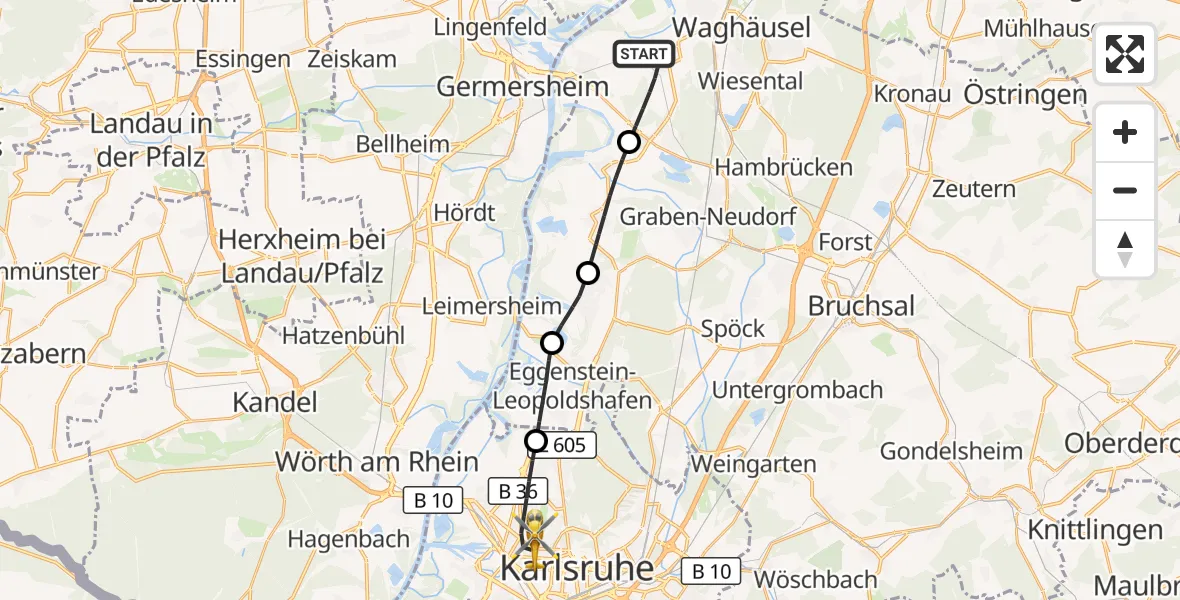 Flugroute Rettungshubschrauber Philippsburg - Karlsruhe, 07 April 2026, 17:28