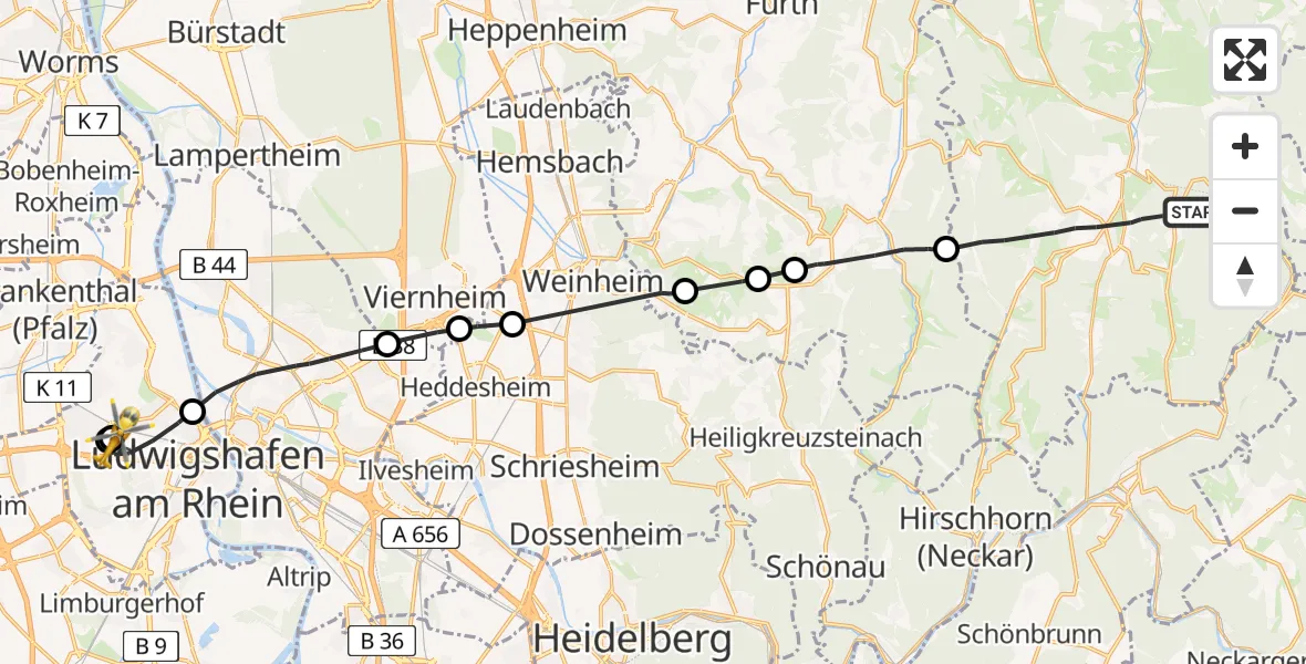 Flugroute Rettungshubschrauber Oberzent - Ludwigshafen Accident Hospital, 07 April 2026, 17:30