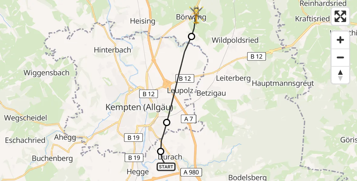 Flugroute Rettungshubschrauber Kempten-Durach Flugplatz - Haldenwang, 07 April 2026, 17:30