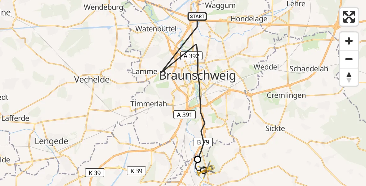 Flugroute Rettungshubschrauber Braunschweig - Wolfenbüttel Municipal Hospital Heliport (Christoph 30), 07 April 2026, 17:37