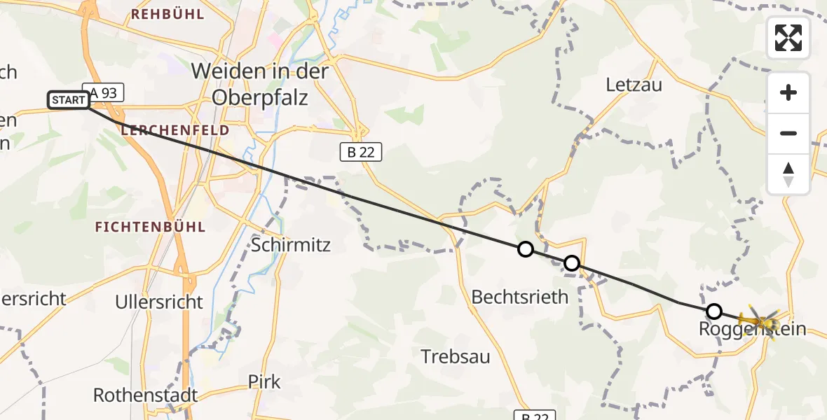 Flugroute Rettungshubschrauber Weiden i.d.OPf. - Vohenstrauß, 07 April 2026, 17:45