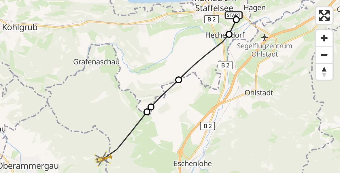 Flugroute Rettungshubschrauber Murnau Accident Hospital - Oberammergau, 07 April 2026, 17:58