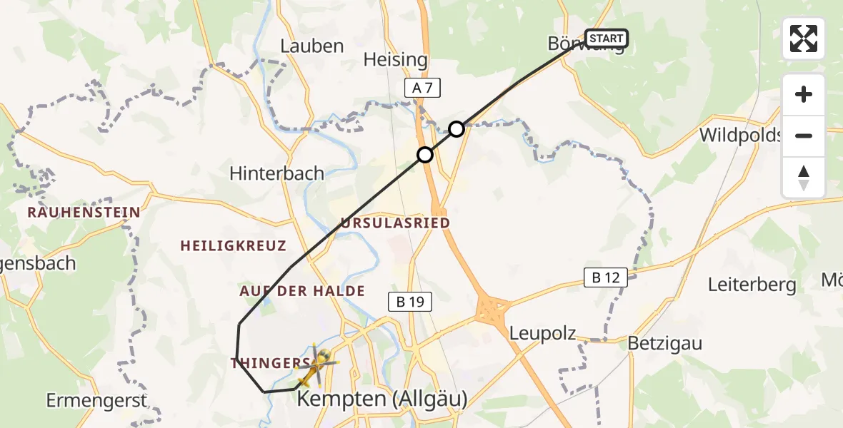 Flugroute Rettungshubschrauber Haldenwang - Kempten (Allgäu), 07 April 2026, 17:58
