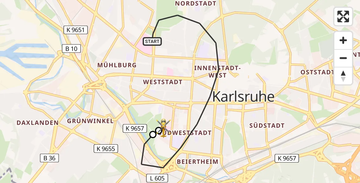 Flugroute Rettungshubschrauber Karlsruhe - Sankt Vincentius Hospital, 07 April 2026, 18:11