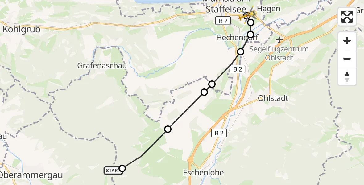 Flugroute Rettungshubschrauber Oberammergau - Murnau Accident Hospital, 07 April 2026, 18:16