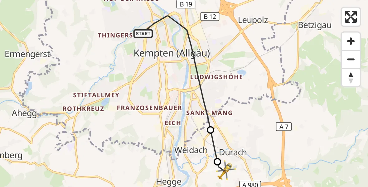 Flugroute Rettungshubschrauber Kempten (Allgäu) - Kempten-Durach Flugplatz, 07 April 2026, 18:19