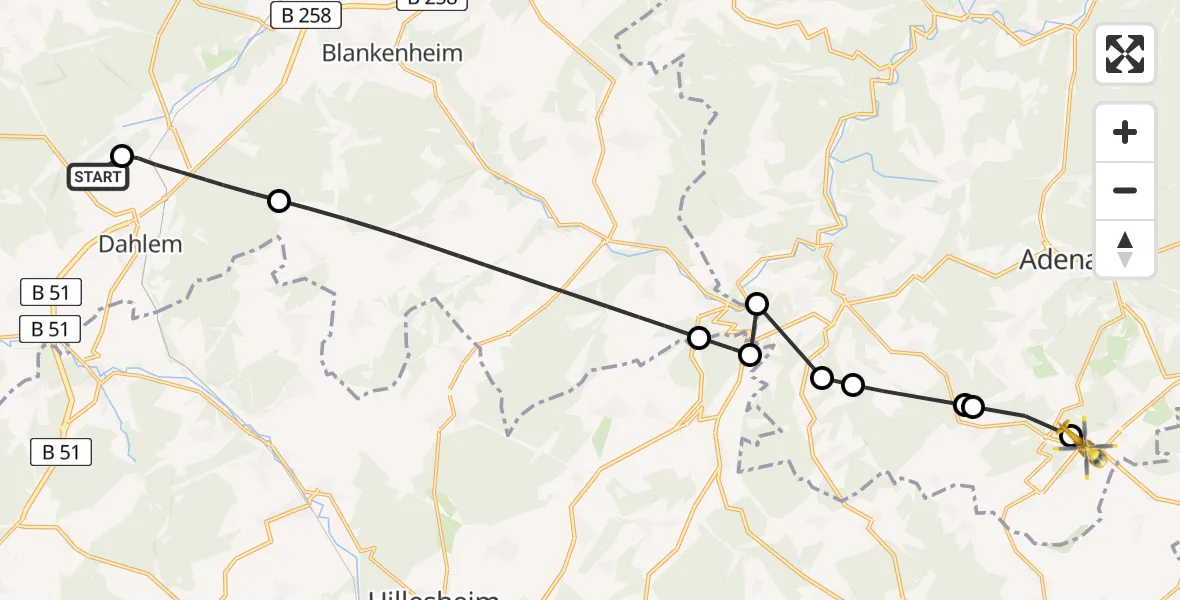 Flugroute Ambulanzhubschrauber Dahlemer Binz Flugplatz - Nürburg, 07 April 2026, 18:35