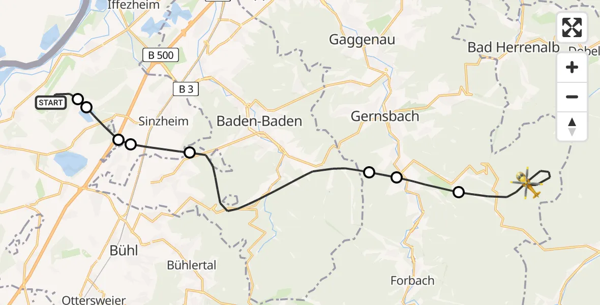 Flugroute Rettungshubschrauber Karlsruhe Baden-Baden Flughafen - Gernsbach, 07 April 2026, 19:00
