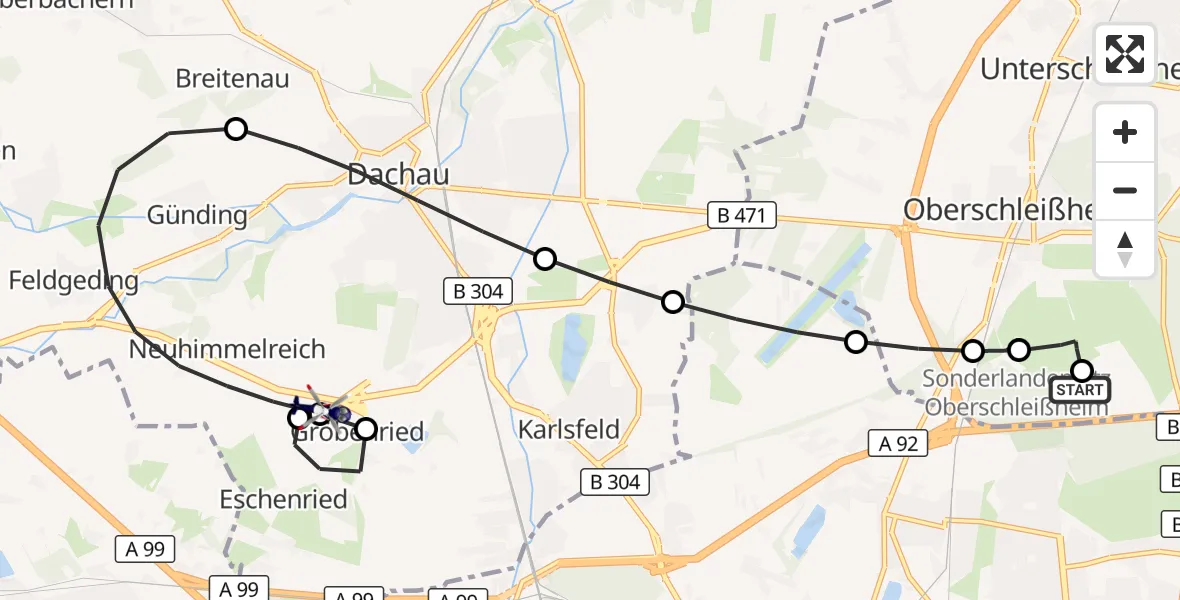 Flugroute Polizeihubschrauber Oberschleißheim - Dachau-Gröbenried Flugplatz, 07 April 2026, 19:30