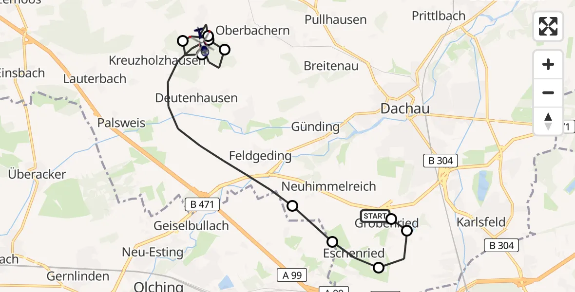 Flugroute Polizeihubschrauber Dachau-Gröbenried Flugplatz - Schwabhausen, 07 April 2026, 19:42