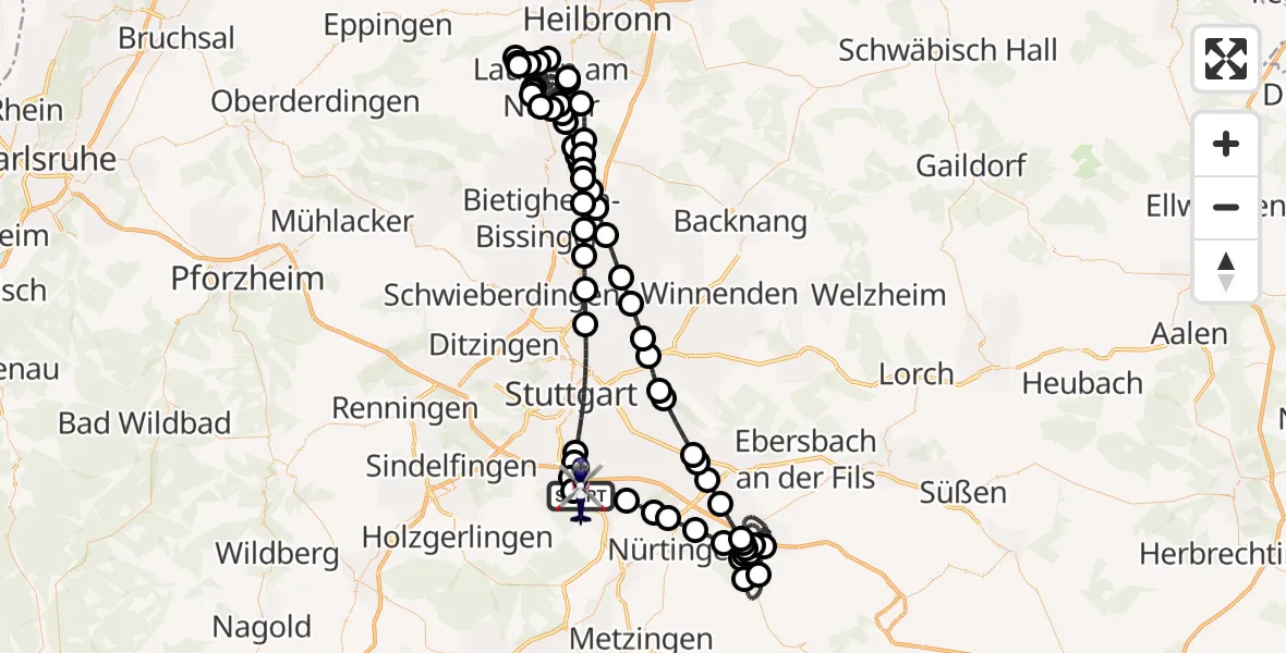 Flugroute Polizeihubschrauber Flughafen Stuttgart - Flughafen Stuttgart, 07 April 2026, 20:34