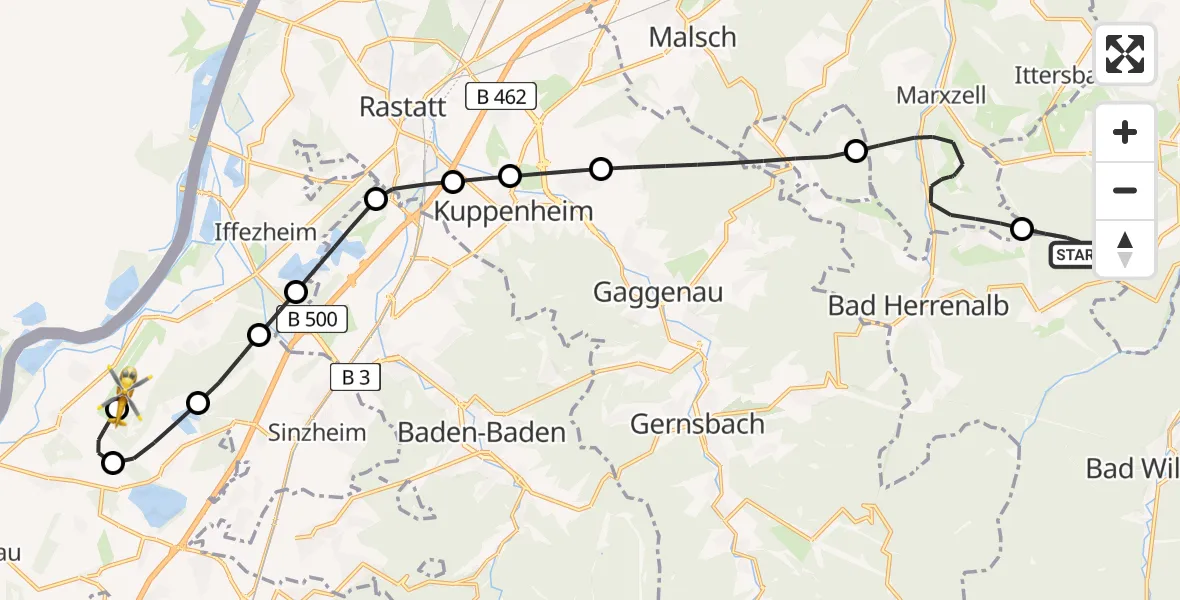 Flugroute Rettungshubschrauber Straubenhardt - Karlsruhe Baden-Baden Flughafen, 07 April 2026, 20:39