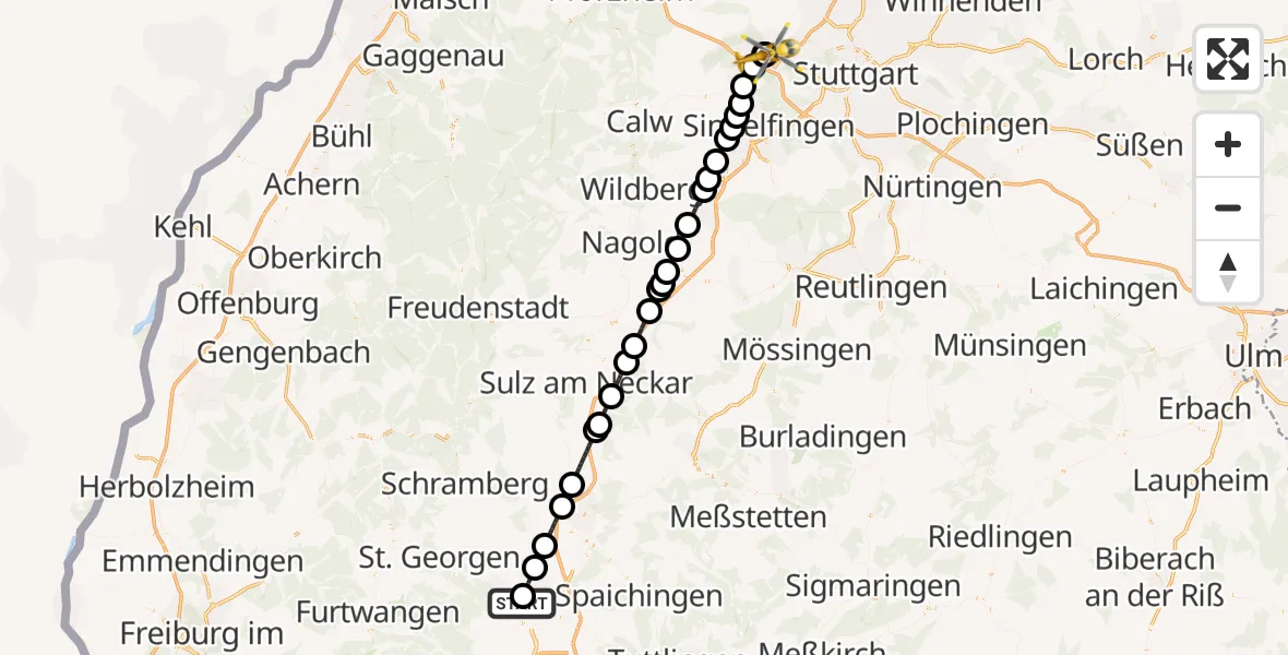 Flugroute Rettungshubschrauber DRF Air Rescue Station Villingen-Schwenningen Hubschrauberlandeplatz (Christoph 11) - Leonberg Hospital, 07 April 2026, 21:56