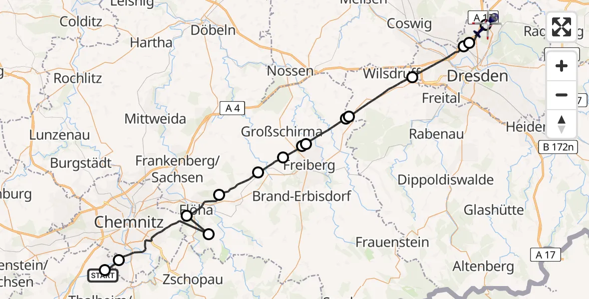 Flugroute Polizeihubschrauber Jahnsdorf/Erzgeb. - Dresden Flughafen, 07 April 2026, 22:44